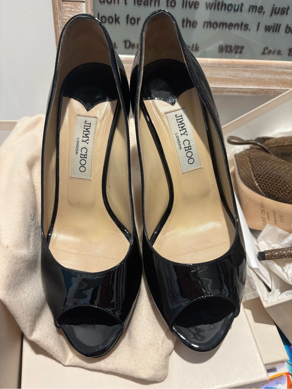 Jimmy Choo Black Patent Peep-Toe Heels